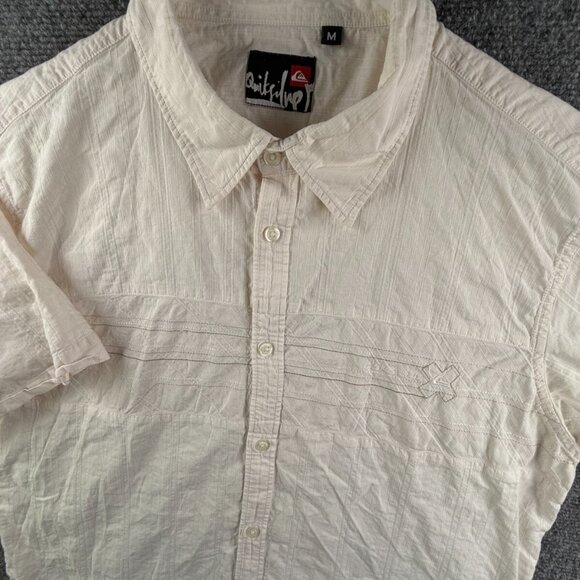 Quiksilver Men Short Sleeve Button Up Shirt Medium Off White Ivory Cotton Adult - Picture 1 of 12